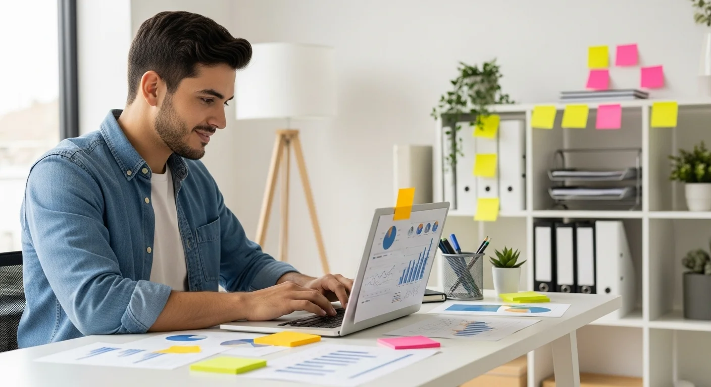 Joven emprendedor mexicano en su oficina, planeando estrategias de emprendimiento para Emprender Un Negocio exitoso con una laptop y notas adhesivas.