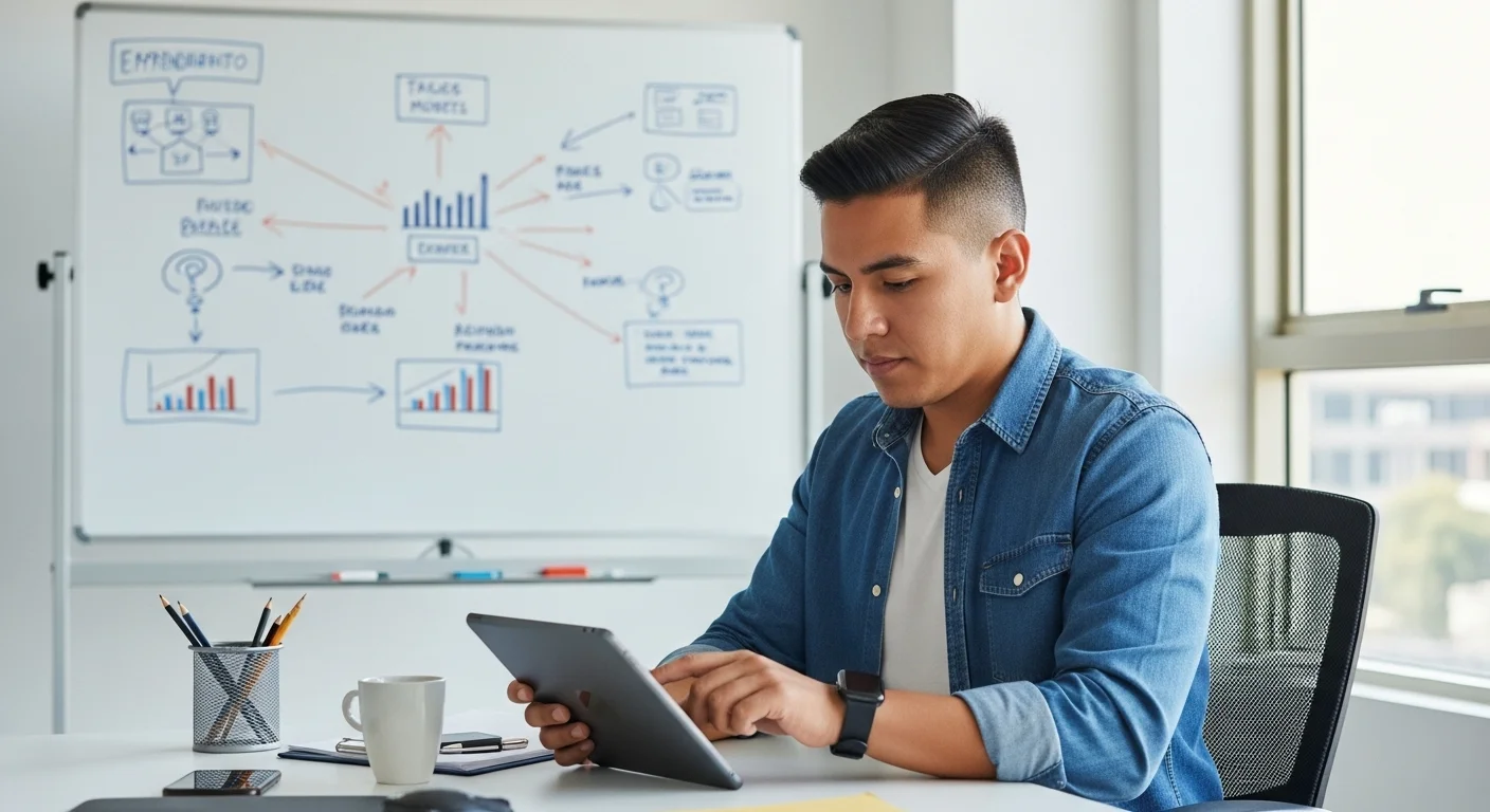 Emprendedor en una oficina moderna en México, analizando datos en una tableta con un pizarrón de fondo lleno de estrategias y modelos de negocio.