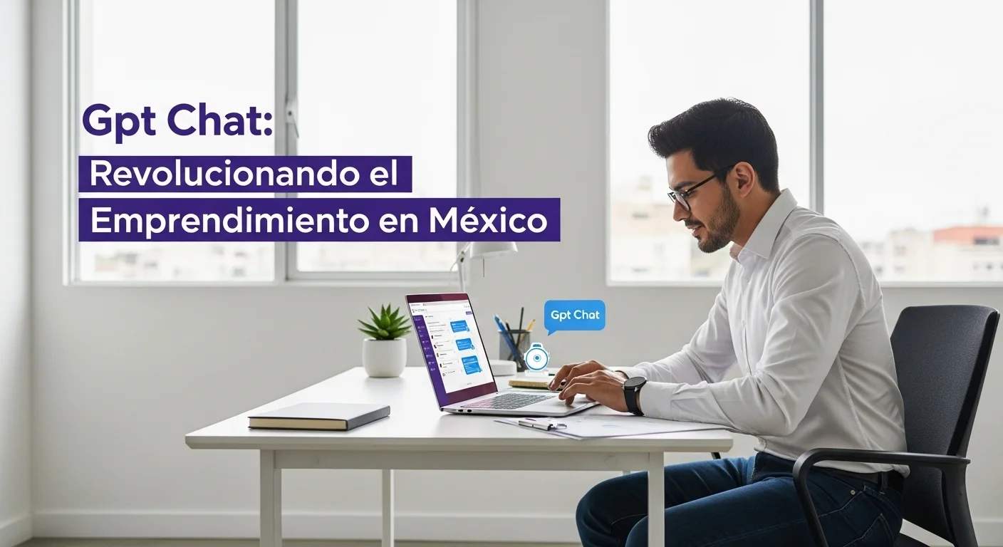 Joven emprendedor mexicano en su oficina trabajando en un plan de negocios con la ayuda de Gpt Chat en su computadora portátil.