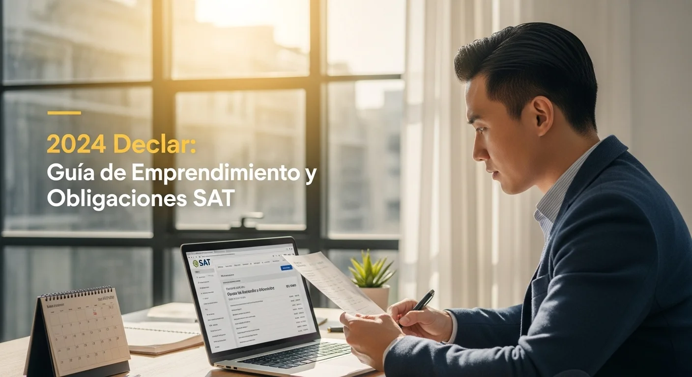 Joven emprendedor analizando su declaración de la renta 2024 en el portal del SAT, planeando el crecimiento de su startup.