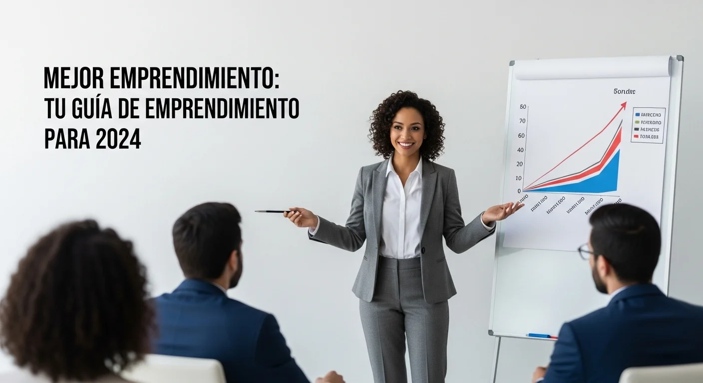 Mujer emprendedora mexicana presentando una de las mejores ideas para emprender 2024 en una pizarra frente a inversionistas, mostrando gráficos de crecimiento.