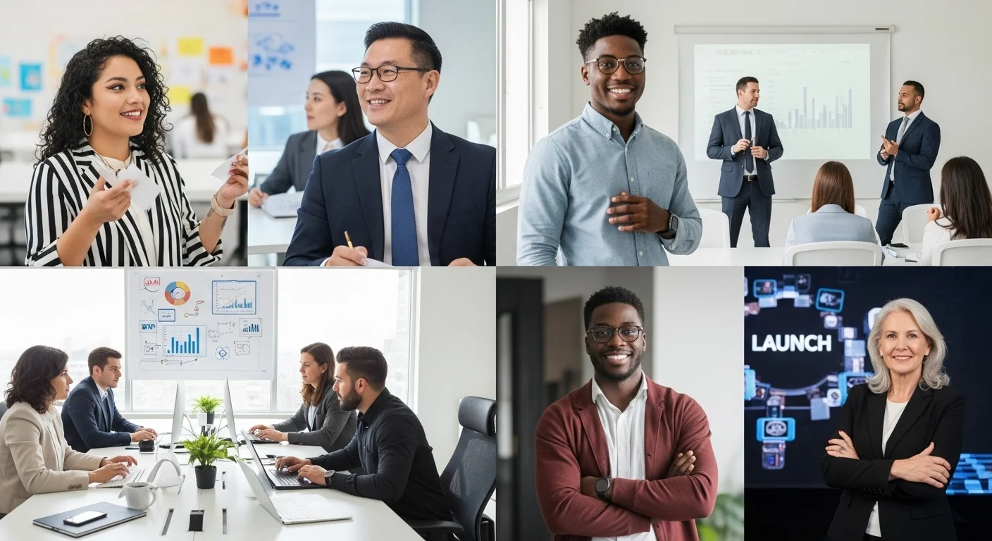 Collage de imágenes mostrando diversos emprendedores ejemplos en contextos de startups y oficinas modernas en México