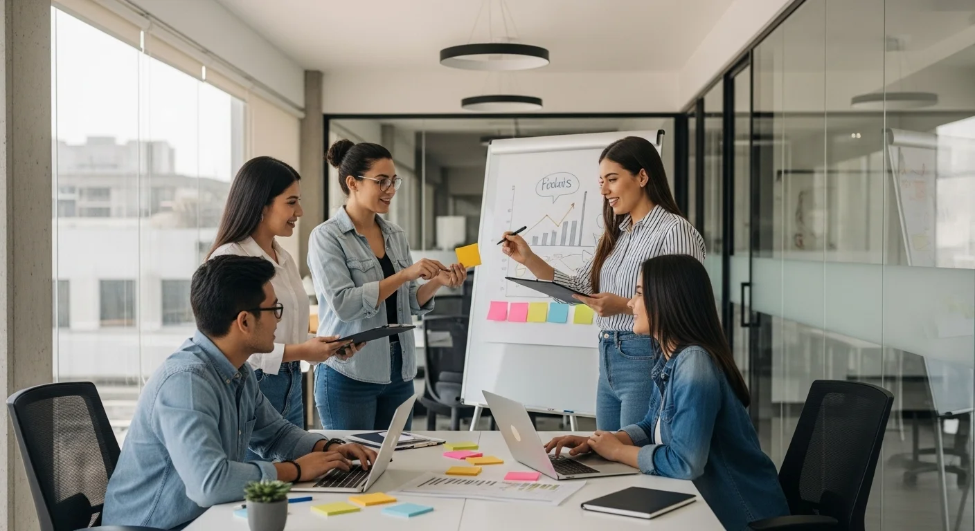 Equipo de jóvenes emprendedores mexicanos en una oficina moderna, discutiendo estrategias de crecimiento para su startup.