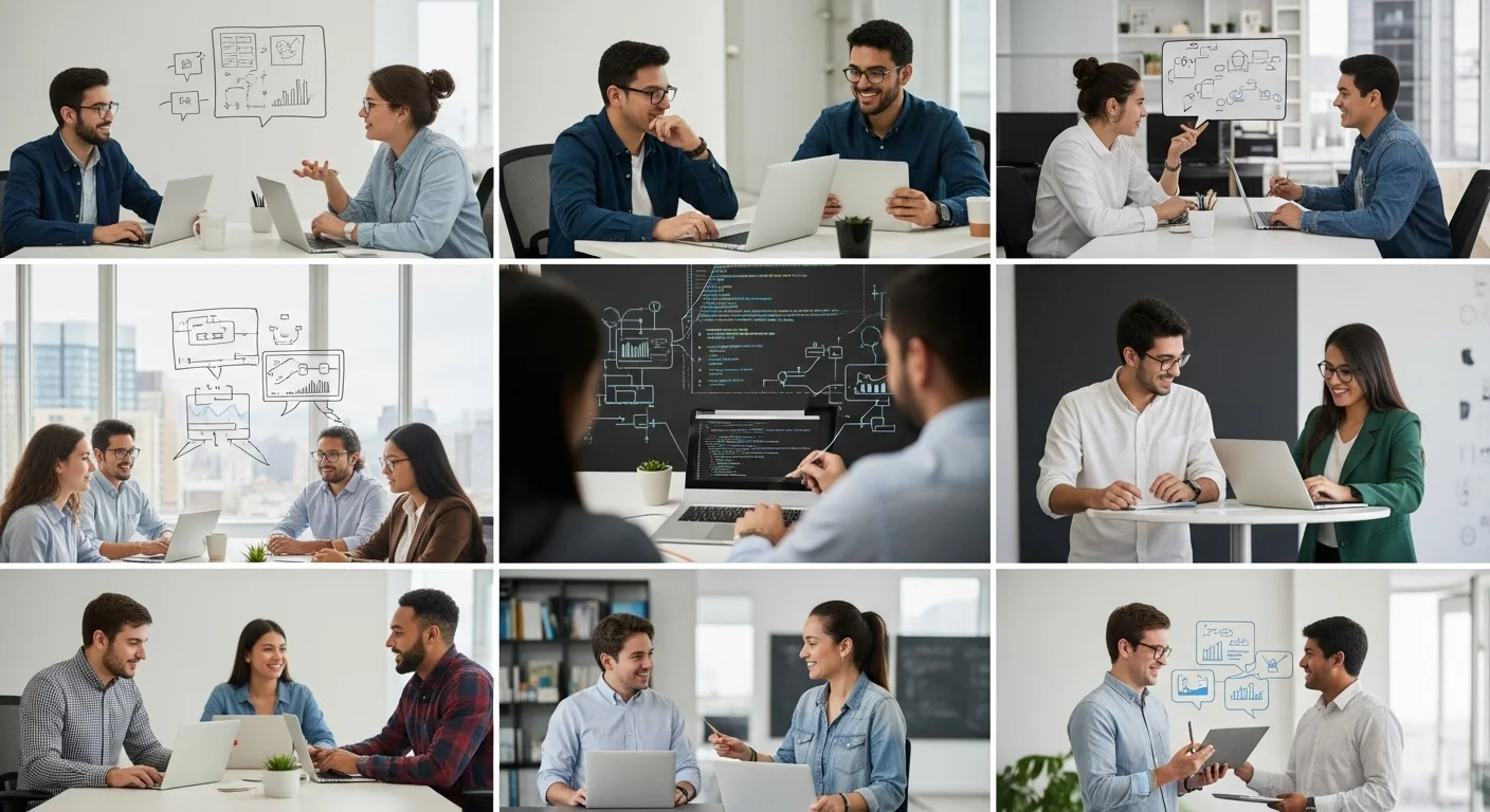 Collage de imágenes mostrando a un equipo de emprendedores mexicanos trabajando en una startup, con gráficos de crecimiento y logos de empresas tecnológicas.