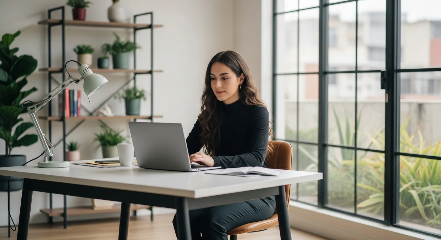 Una persona trabajando en una laptop desde una oficina en casa bien organizada, representando el concepto de emprendimientos desde casa y cómo emprender de forma remota en México.