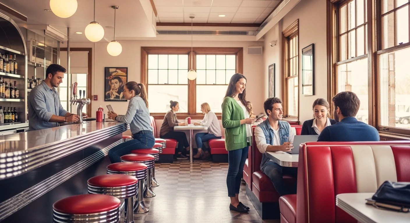 Interior de un negocio diner de estilo retro, con bancos de vinilo rojo, una barra larga y ambiente de emprendimiento.