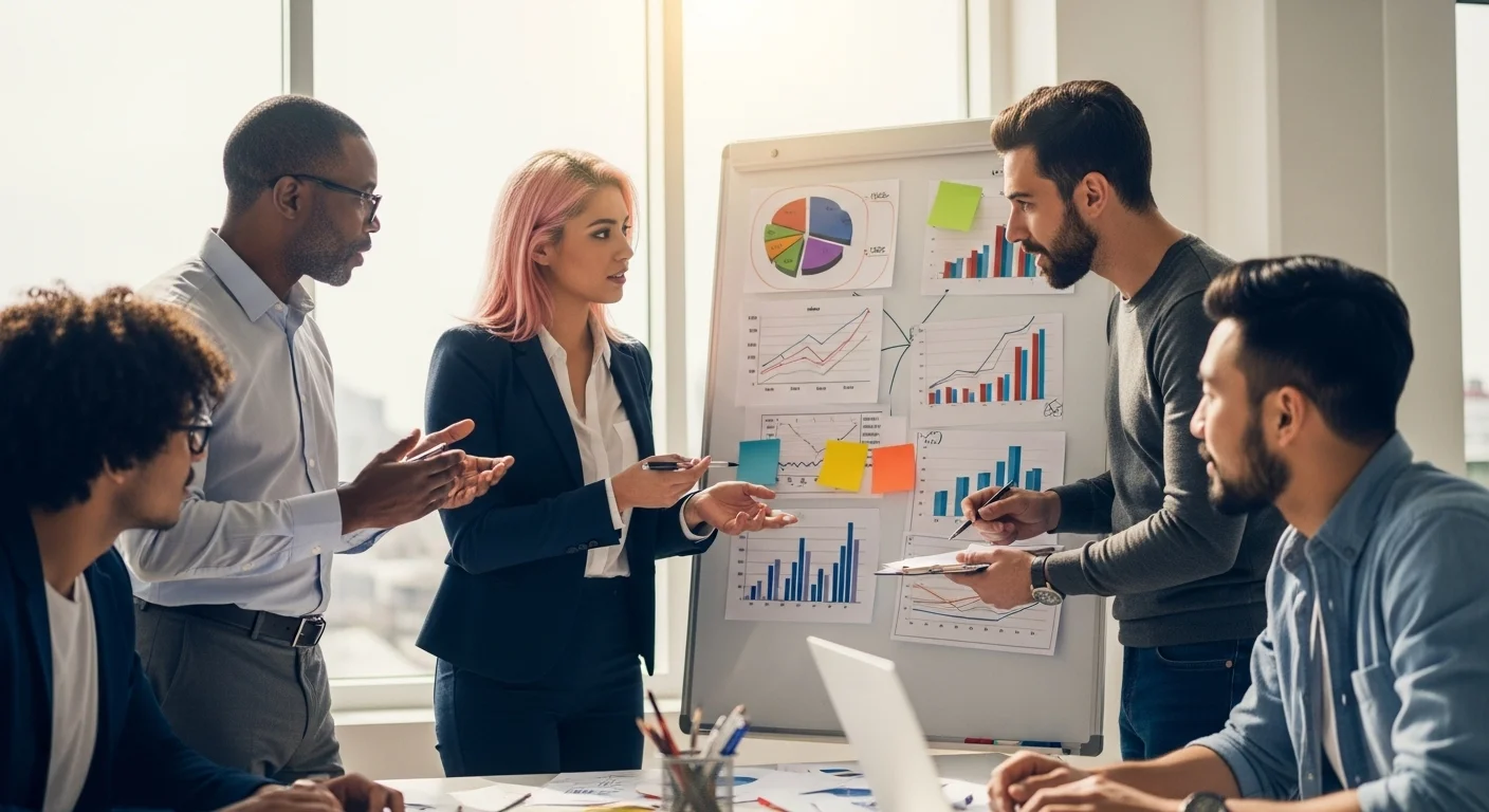 Equipo de emprendedores en una startup discutiendo estrategias de negocio frente a una pizarra con gráficos, representando el concepto de emprendimiento y cómo emprender un negocio par el éxito.
