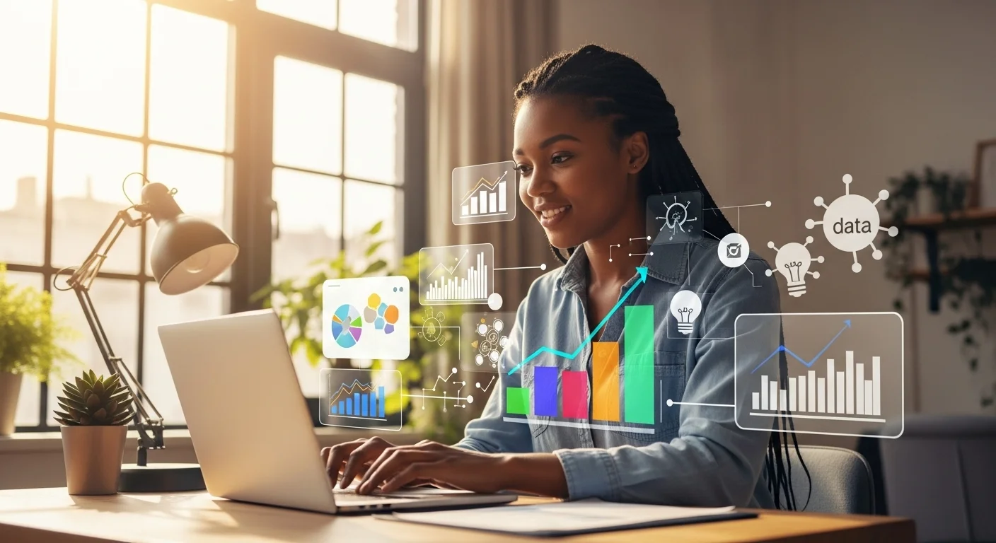 Una persona trabajando en una laptop con gráficos de crecimiento y bombillas de ideas, simbolizando el emprendimiento y el inicio de un negocio par.