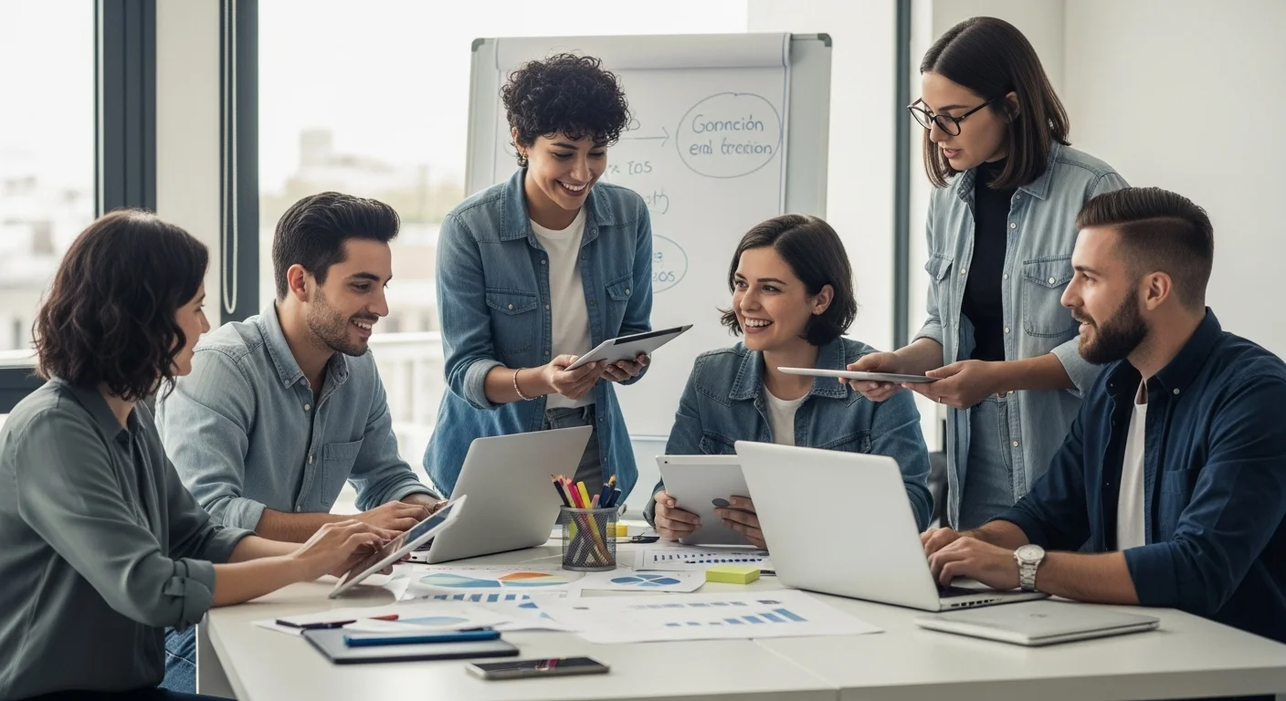 Equipo de emprendedores en una startup en México trabajando en su plan para emprender un negocio.