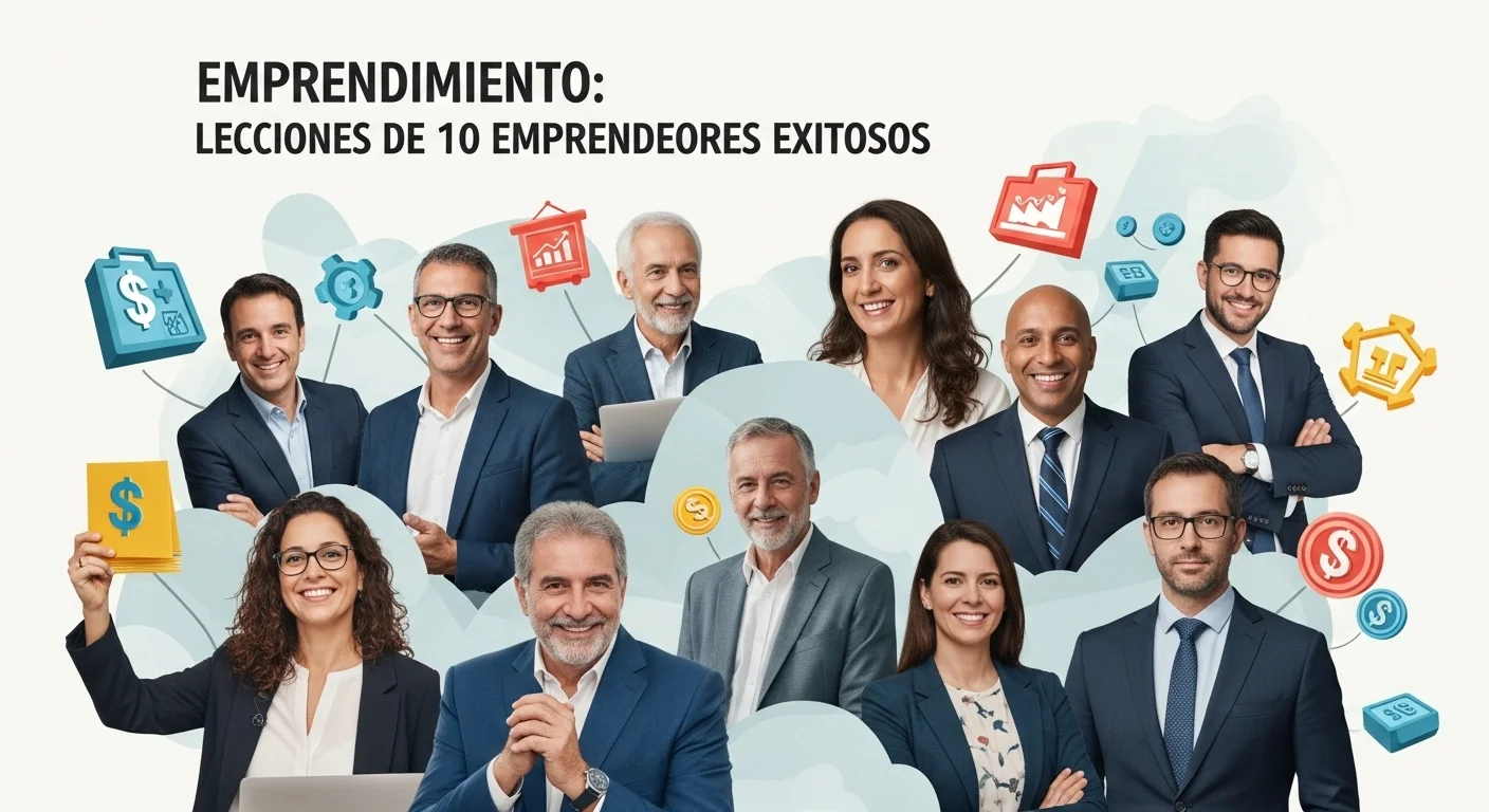 Collage de imágenes que representan el emprendimiento, incluyendo a 10 emprendedores famosos y símbolos de startups exitosas.
