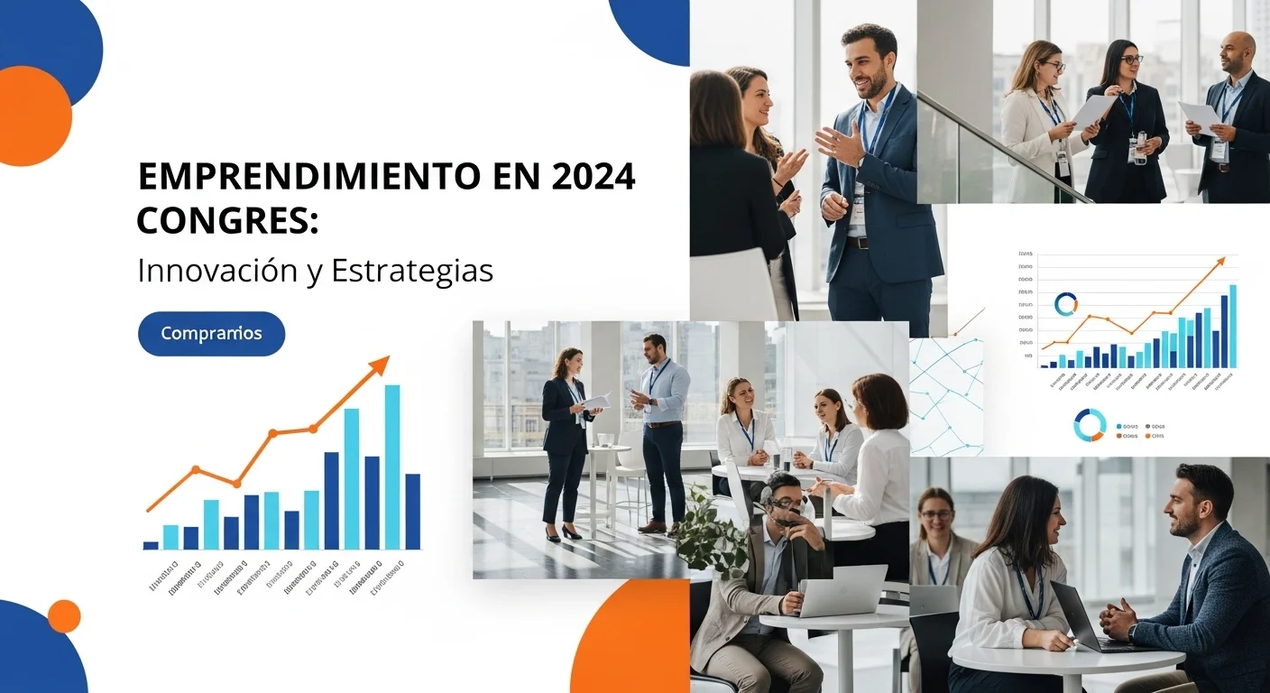 Collage de imágenes que representa el emprendimiento y las startups en el contexto de un congreso en 2024, con gráficos de crecimiento y personas en networking.