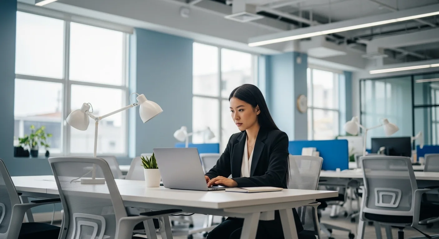 Una joven emprendedora trabajando en su laptop en un espacio de coworking moderno, representando el emprendimiento y las startups en 2024.