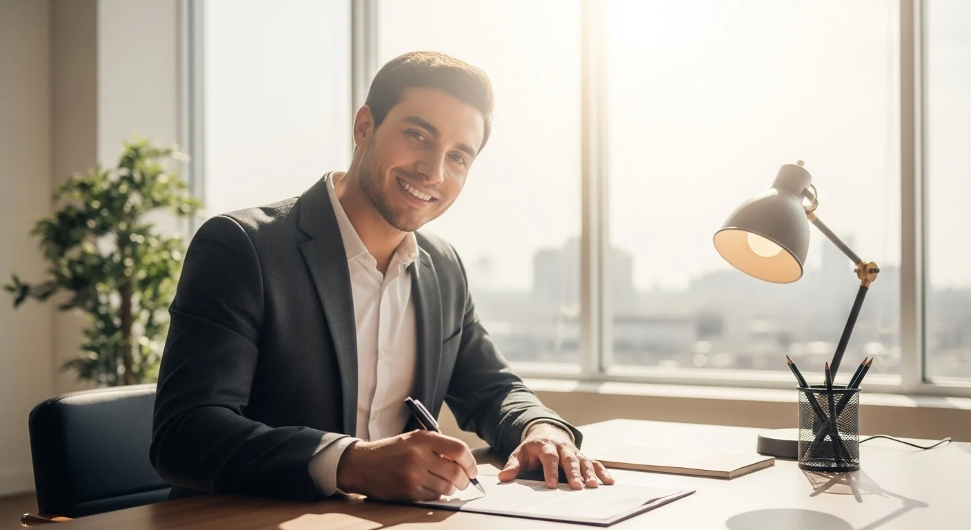 Emprendedor mexicano firmando un contrato de alquiler comercial para su nueva startup