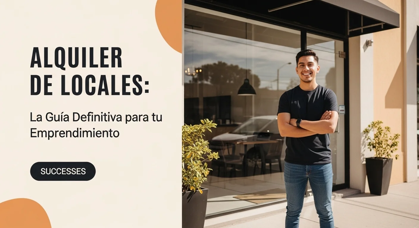 Emprendedor sonriendo frente a la fachada de un local comercial moderno, simbolizando el éxito en el alquiler de locales para startups.