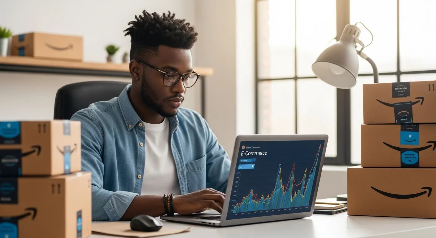 Una persona trabajando en una laptop con cajas de Amazon y gráficos de crecimiento, simbolizando el emprendimiento y el éxito en startups de e-commerce.