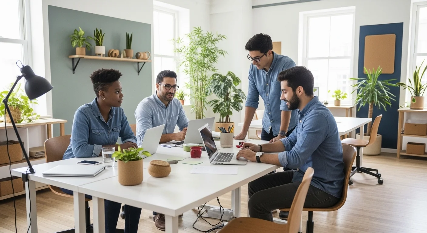 Un grupo diverso de emprendedores colaborando en una oficina moderna y luminosa, con plantas y elementos de diseño sostenible, representando el concepto de emprendimiento ambiental y startups verdes.