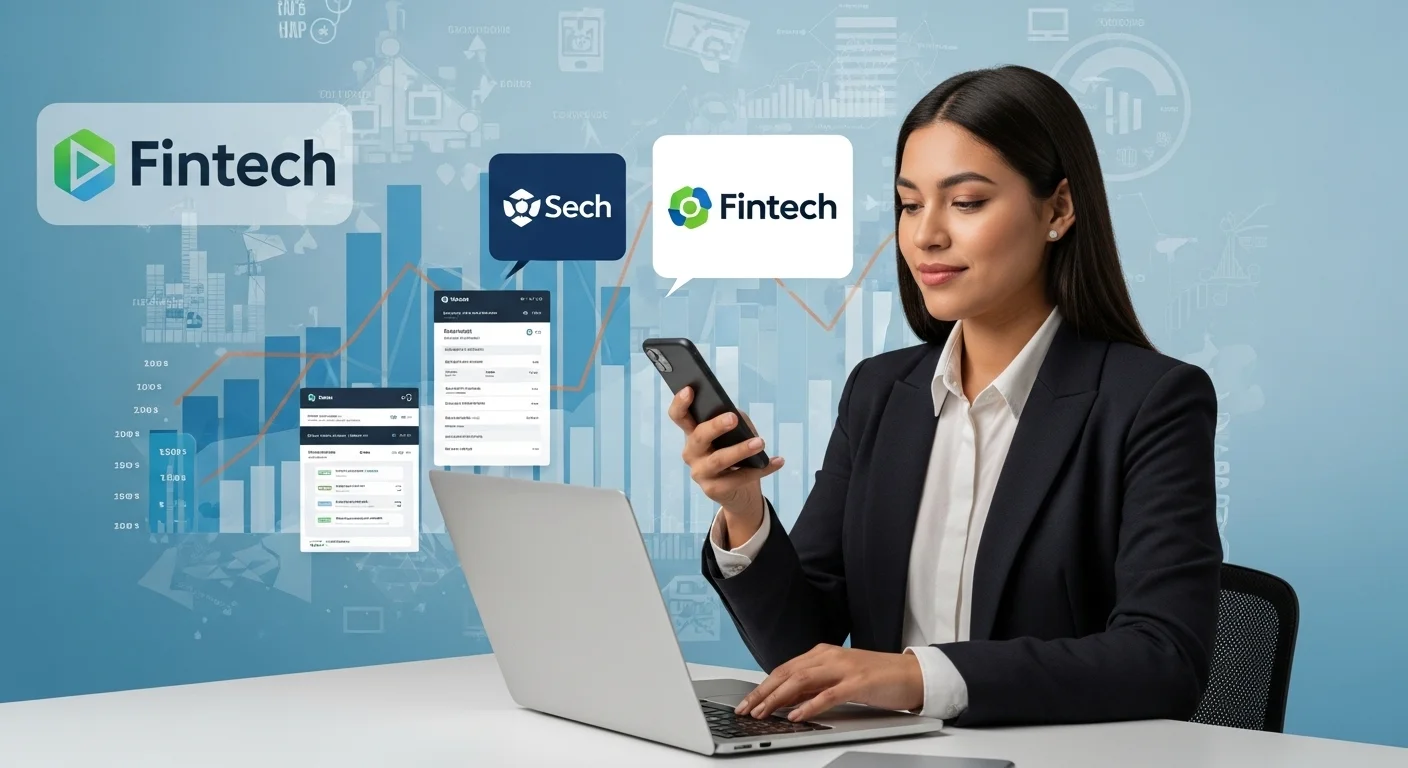 Una emprendedora mexicana utilizando una laptop y un smartphone para acceder a servicios de banca digital, con gráficos de crecimiento y logos de fintech de fondo.