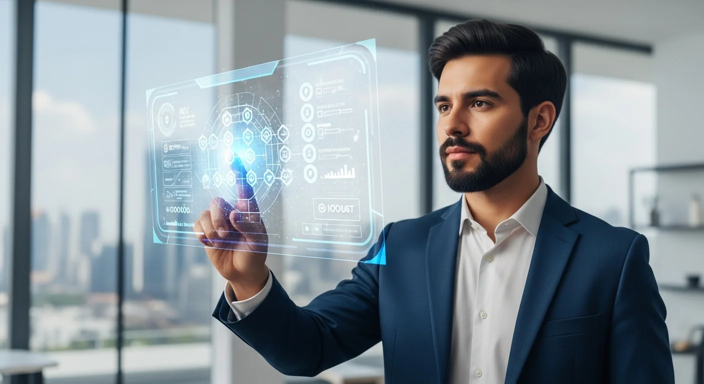Emprendedor mexicano interactuando con una interfaz holográfica que muestra una cadena de bloques, simbolizando la unión de emprendimiento, startups y ciberseguridad blockchain.