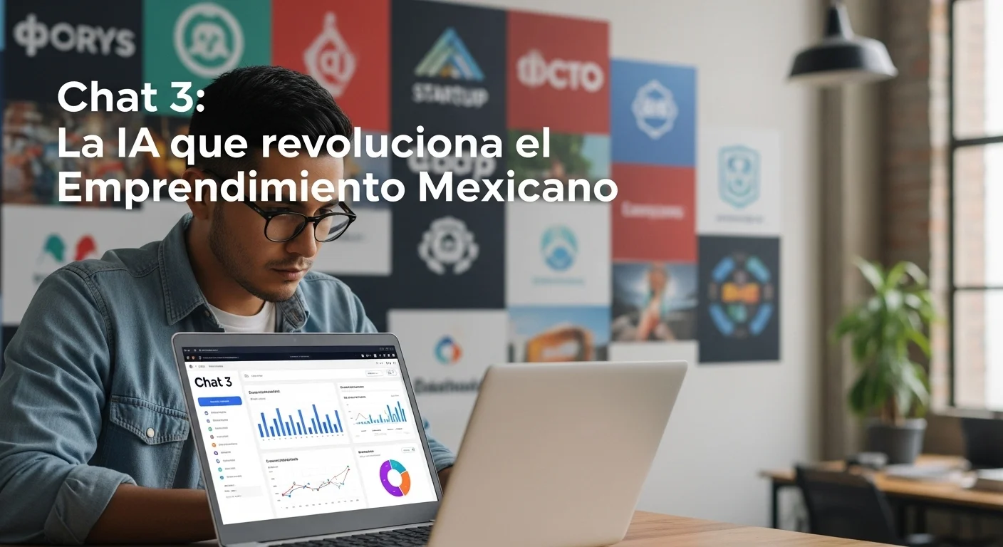 Un emprendedor mexicano en su oficina trabajando en una laptop que muestra interfaces de Chat 3, con gráficos de crecimiento y logos de startups mexicanas al fondo.