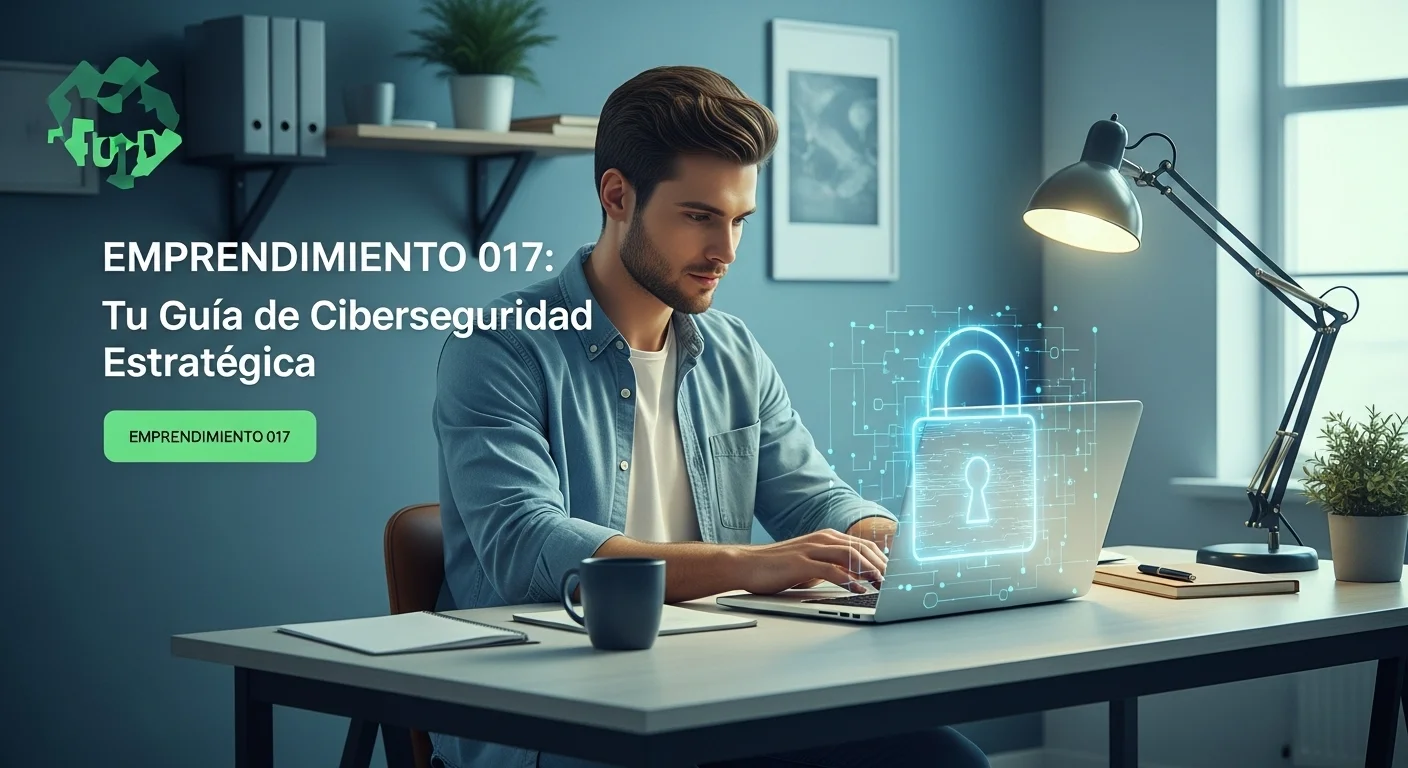 Un emprendedor trabajando en su laptop con un candado digital superpuesto, simbolizando la protección del emprendimiento y la ciberseguridad 017.