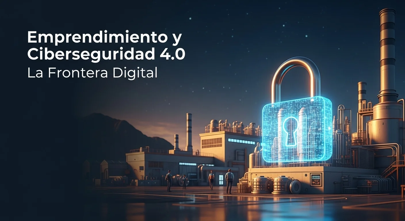 Imagen conceptual de emprendimiento en ciberseguridad 4.0, mostrando un candado digital sobre una fábrica automatizada, simbolizando la protección de startups en la industria.