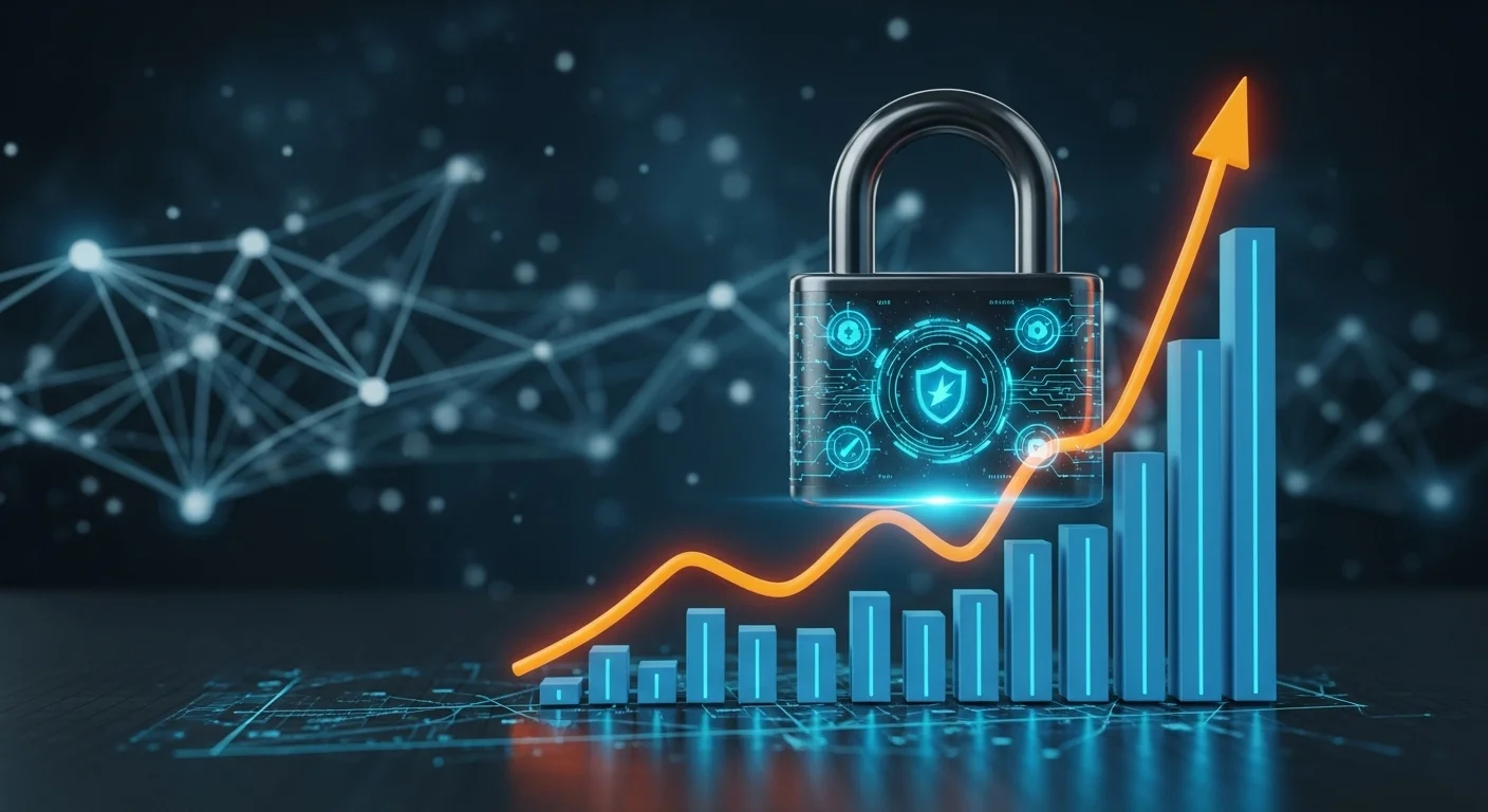 Una imagen conceptual que muestra un candado digital protegiendo un gráfico de crecimiento de una startup, simbolizando el emprendimiento seguro y el modelo de Incibe.