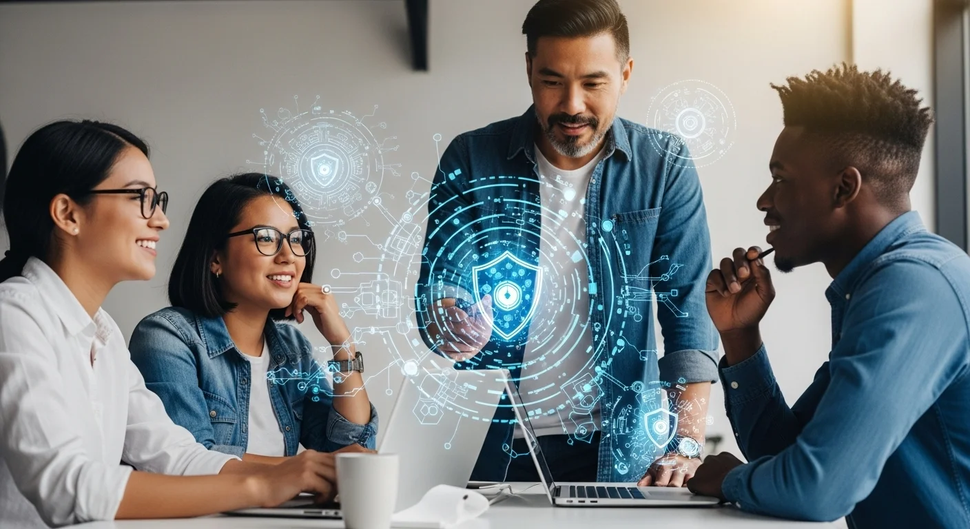 Un grupo diverso de emprendedores colaborando en una oficina moderna de una startup en México, con gráficos de ciberseguridad superpuestos, representando la protección digital de Ciberseguridad Segur.