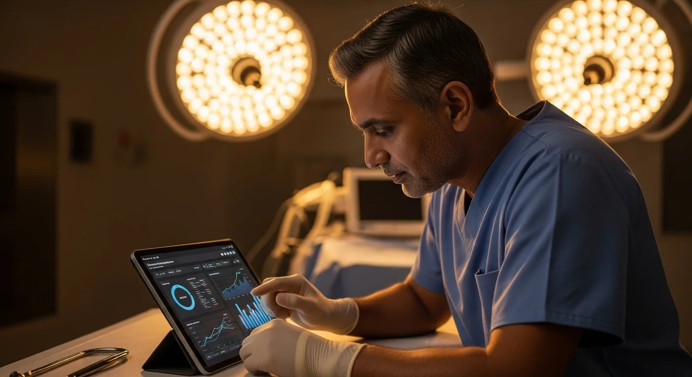Un cirujano analiza datos en una tableta con gráficos de crecimiento, simbolizando el emprendimiento en el sector quirúrgico y las startups de tecnología médica.