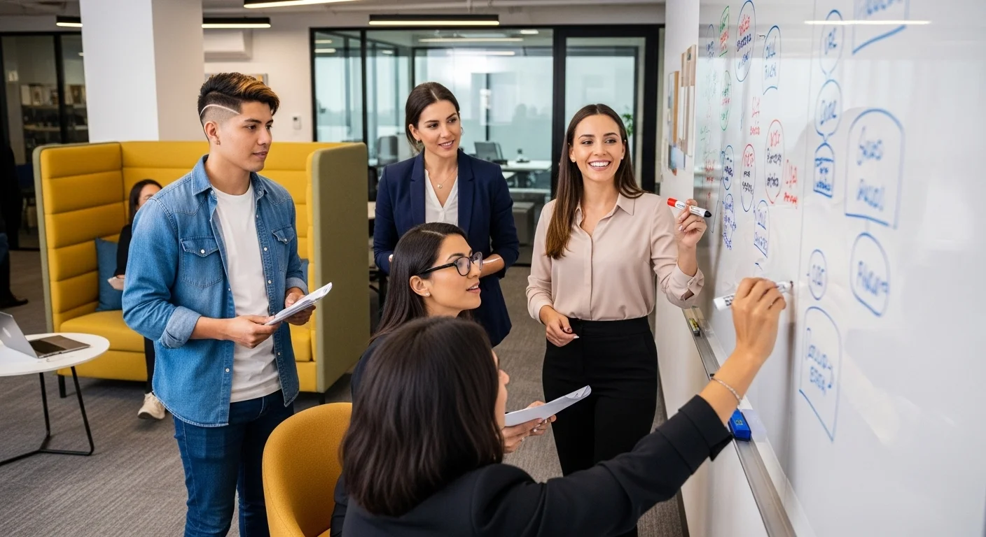 Equipo de emprendedores en una startup en México discutiendo ideas de negocio en una pizarra, representando el espíritu del emprendimiento.