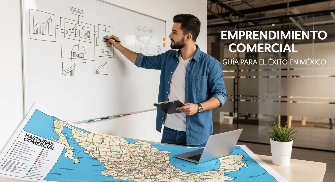 Joven emprendedor mexicano planificando la estrategia de su startup frente a un mapa de locales comerciales.