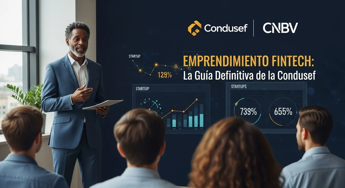 Una persona emprendedora presenta un proyecto de startup fintech a un grupo de inversionistas, con gráficos de crecimiento y logos de Condusef y CNBV de fondo.