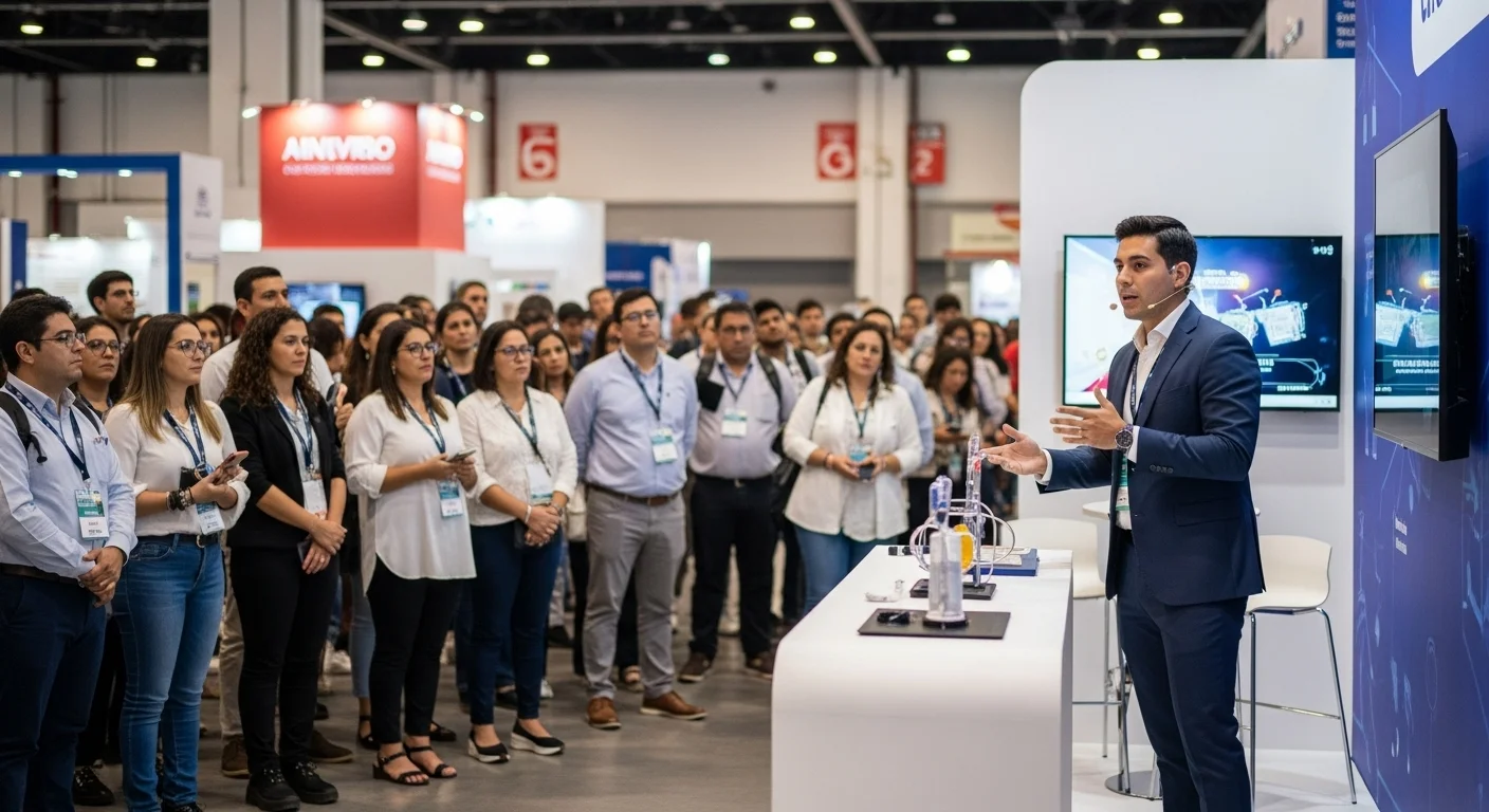 Emprendedor presentando una innovación tecnológica en un stand durante un congreso de cardiología lleno de asistentes.