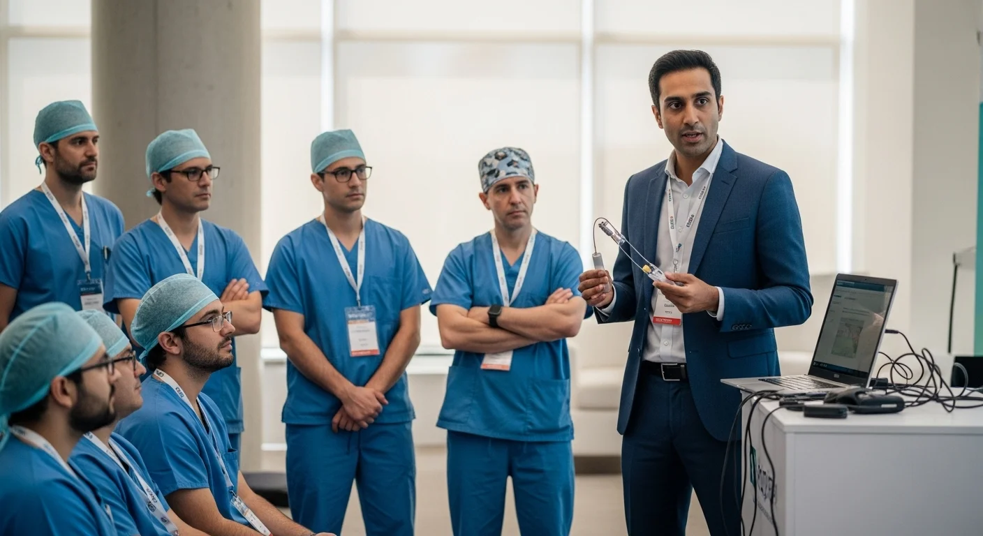 Emprendedor presentando una startup de tecnología médica a un grupo de cirujanos en un congreso.