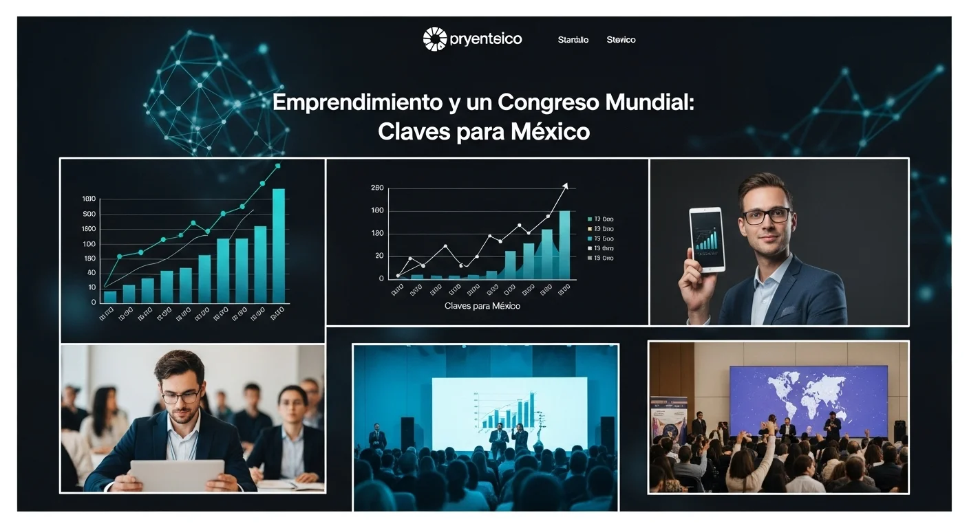 Collage de imágenes que representa el emprendimiento y las startups en México, con gráficos de crecimiento y personas en una conferencia de congreso mundial.