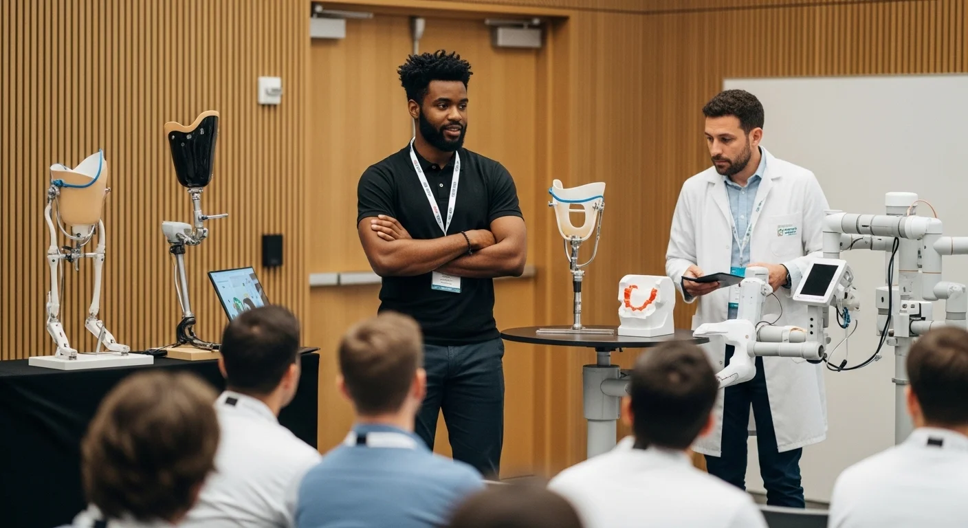 Emprendedores presentando innovaciones tecnológicas a médicos en un congreso de ortopedia, simbolizando la unión de startups y medicina.
