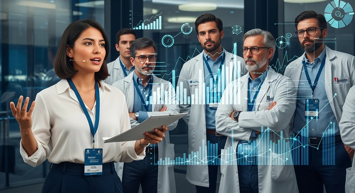 Una imagen compuesta que muestra a un emprendedor presentando una idea de startup MedTech a un grupo de urólogos durante un congreso de urología, con gráficos de innovación y crecimiento en el fondo.