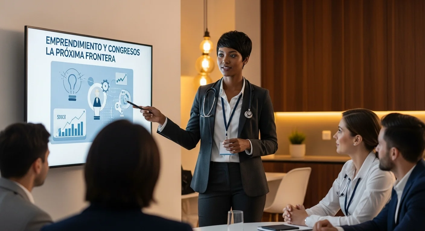 Una profesional de enfermería presentando una idea de startup en una pantalla digital frente a un grupo de inversores y colegas, en un ambiente que fusiona un congreso con un ecosistema de innovación.