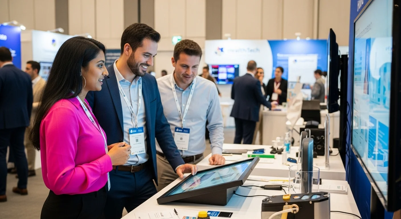 Emprendedores en un congreso de salud discutiendo sobre una startup de HealthTech frente a un stand de innovación
