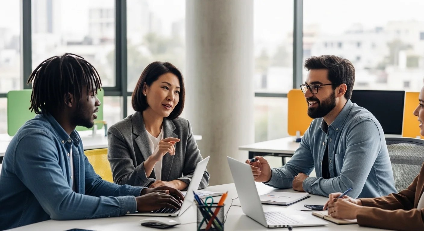 Grupo diverso de emprendedores colaborando en una oficina moderna de startups en México, discutiendo formas de conseguir dinero.