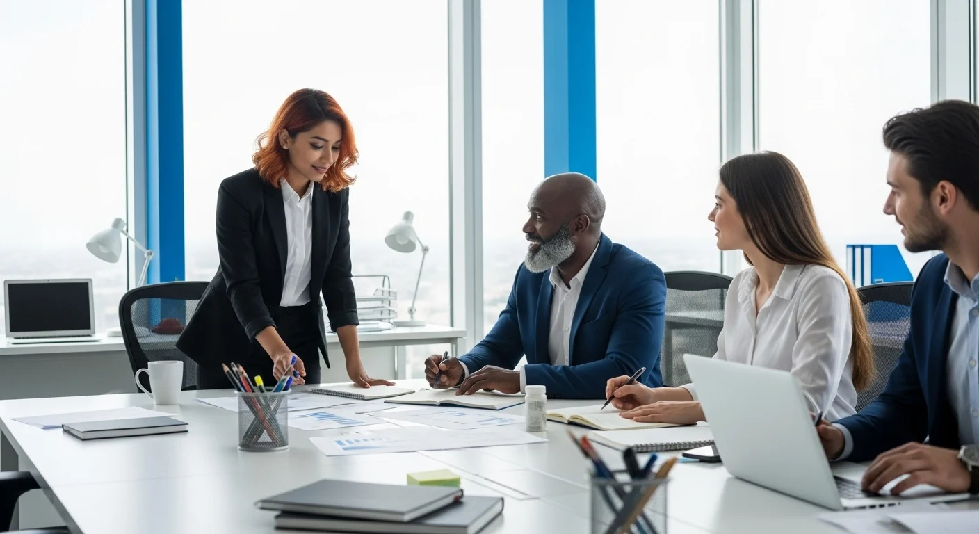 Equipo de trabajo colaborando en una estrategia de emprendimiento corporativo en una oficina moderna.