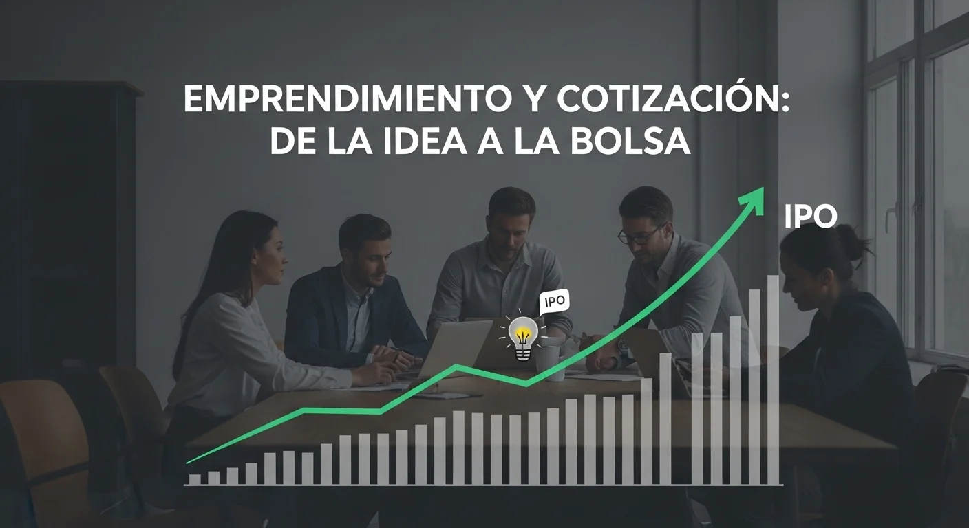 Un gráfico ascendente superpuesto sobre una imagen de emprendedores colaborando, simbolizando el crecimiento desde una cotización inicial hasta la cotización en bolsa.