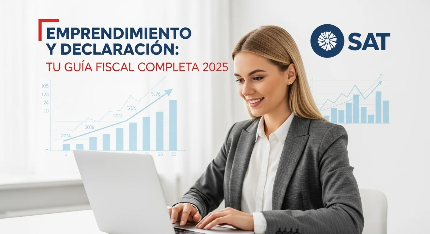 Emprendedora revisando su declaración de impuestos en una laptop, con gráficos de crecimiento y el logo del SAT al fondo.