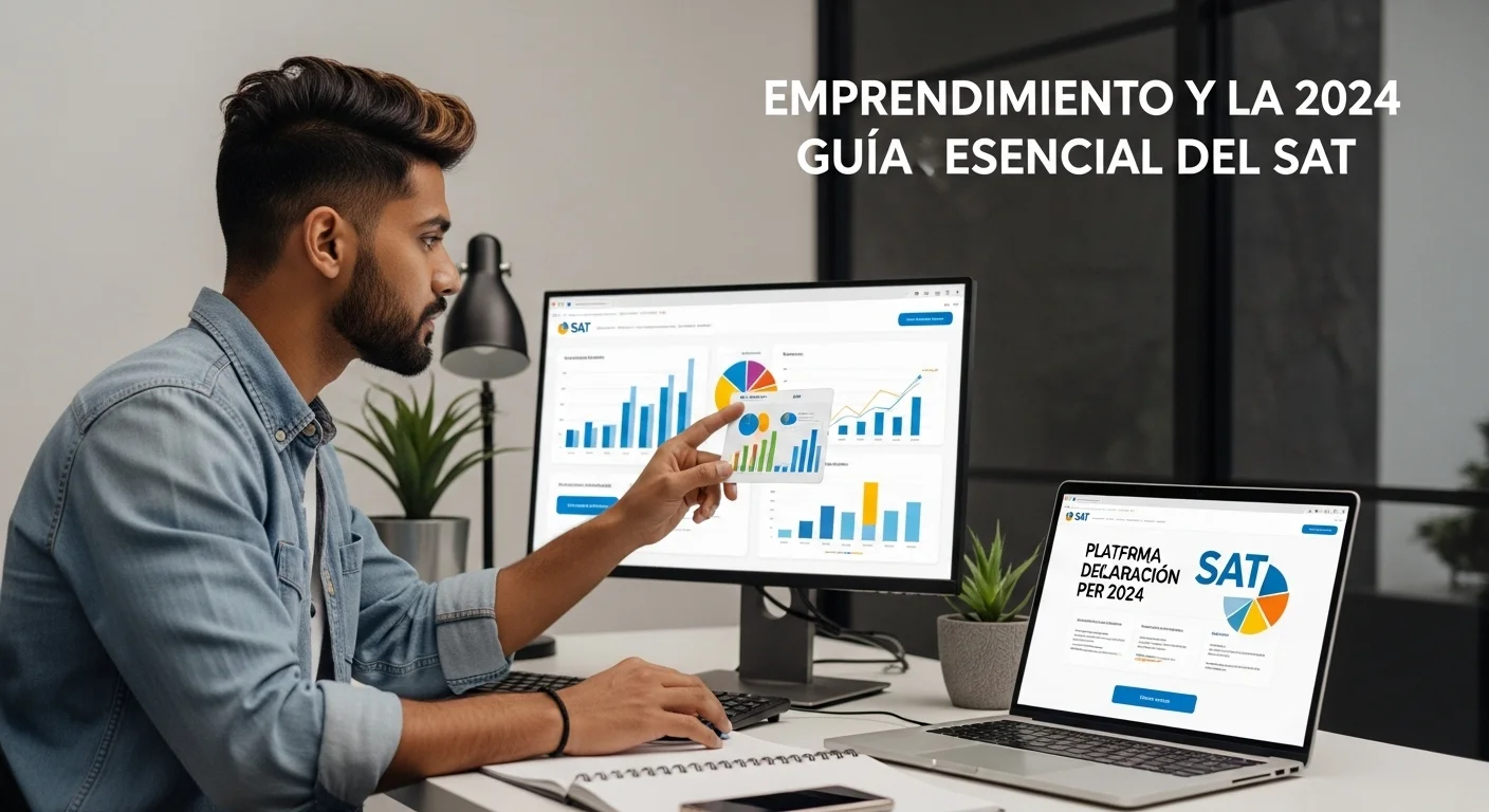 Emprendedor analizando gráficos de crecimiento junto a una laptop que muestra el portal del SAT para la declaración 2024.