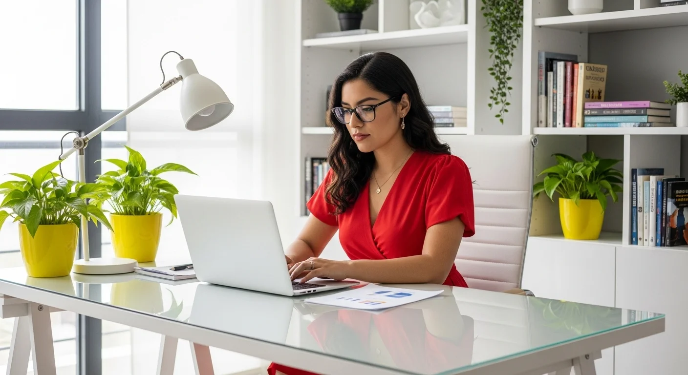Persona trabajando en su laptop en una oficina en casa bien decorada, simbolizando el emprendimiento y las ideas de negocios en casa.
