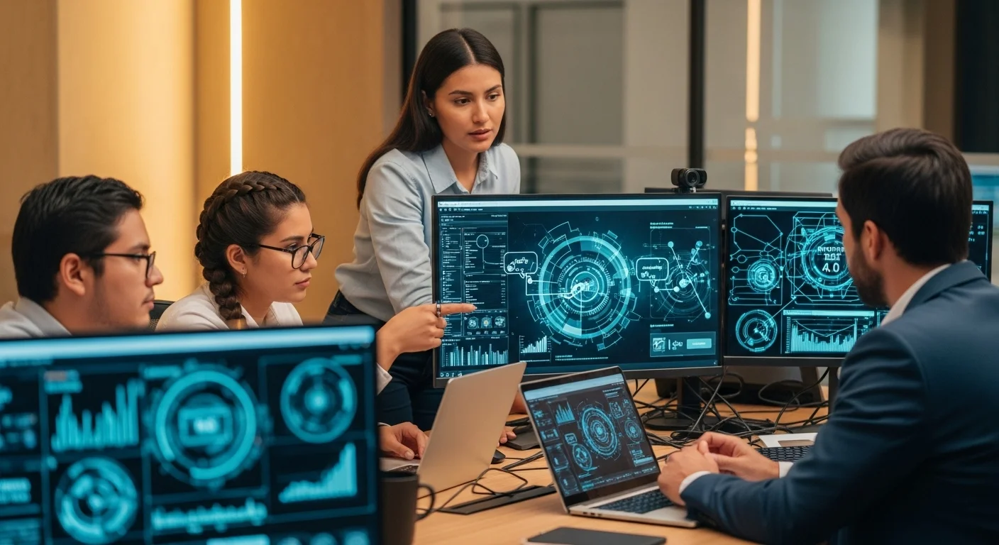 Emprendedores mexicanos colaborando en una startup tecnológica, rodeados de pantallas con datos y gráficos de la Industria 4.0.