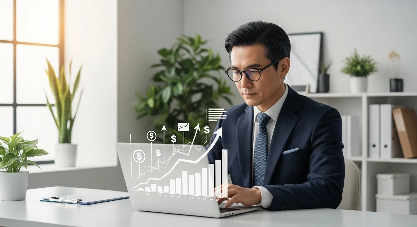 Una persona trabajando en una laptop con gráficos de crecimiento, simbolizando el emprendimiento y las formas de ganar dinero online.