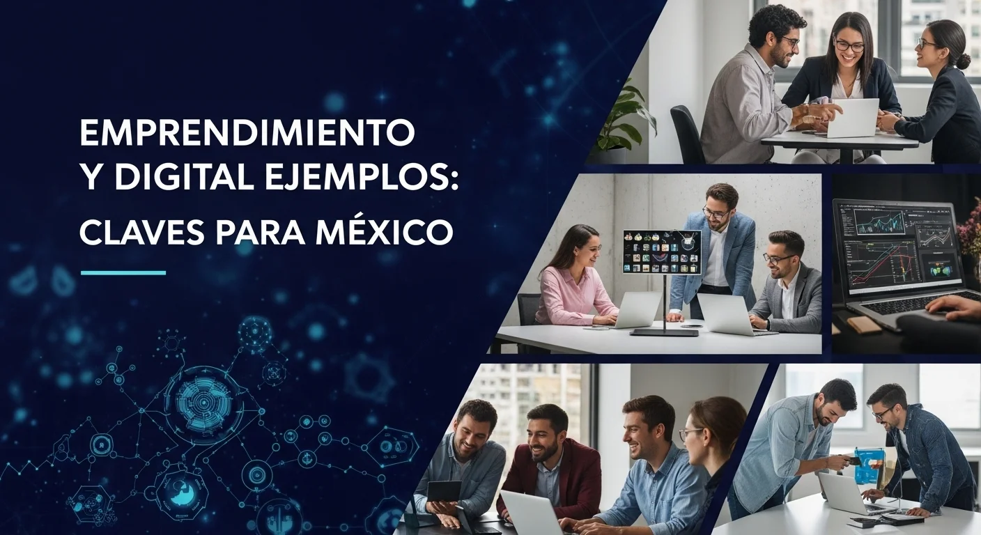 Collage de imágenes que representan el emprendimiento digital en México, mostrando startups, tecnología y equipos colaborando.