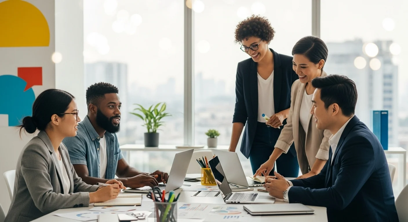 Un grupo diverso de emprendedores colaborando en una oficina moderna, simbolizando el ecosistema de startups y Digital Empresas en México.
