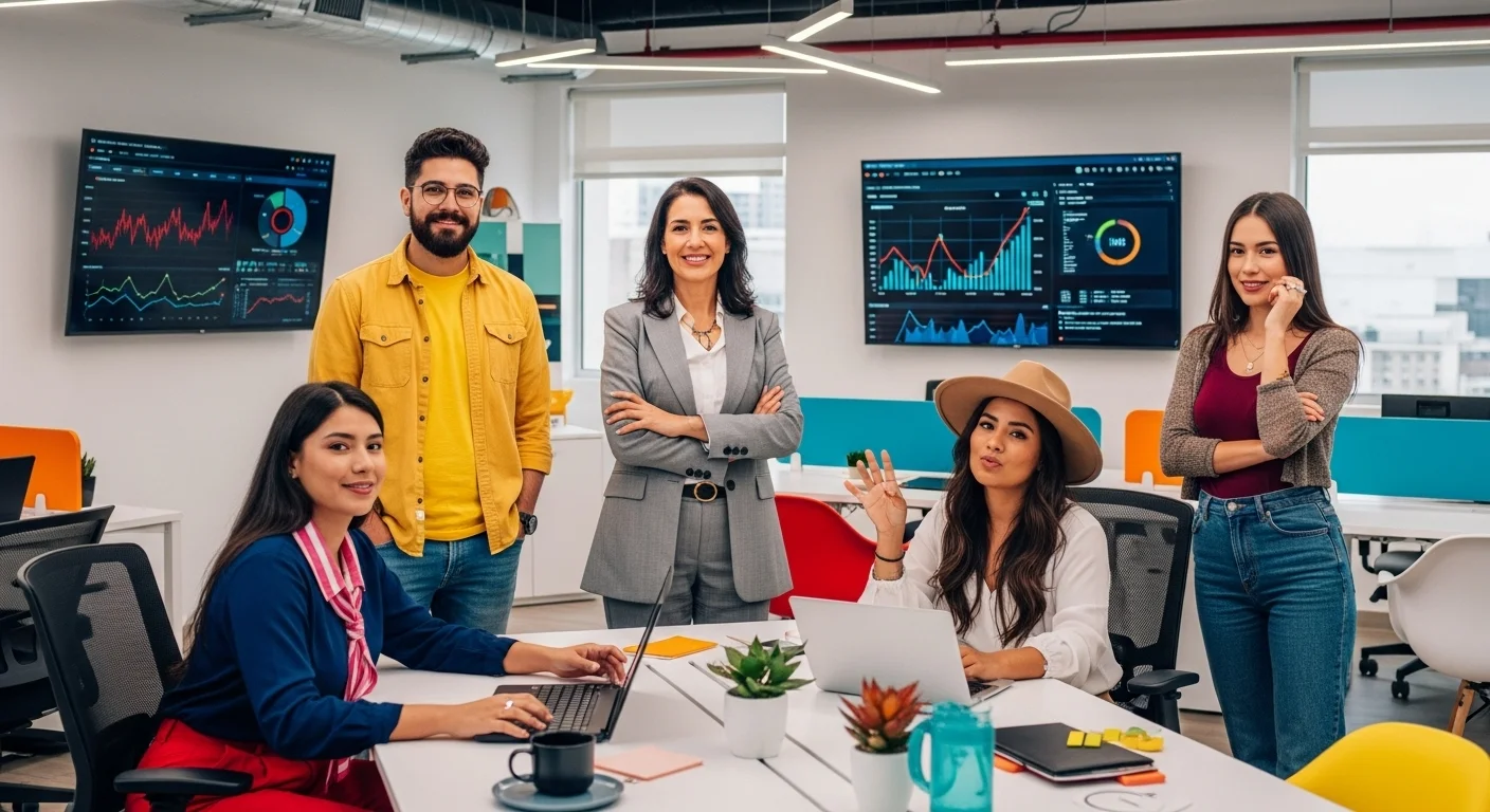 Un grupo diverso de emprendedores mexicanos colaborando en una oficina moderna tipo startup, con gráficos de crecimiento y tecnología de fondo.