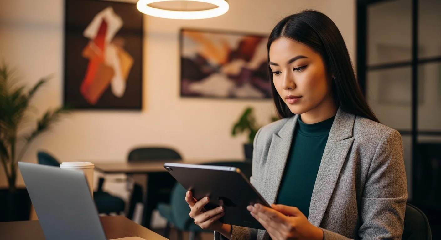 Una emprendedora en una oficina moderna en México, analizando una guía estratégica para la transformación digital en formato Digital PDF en su tableta.